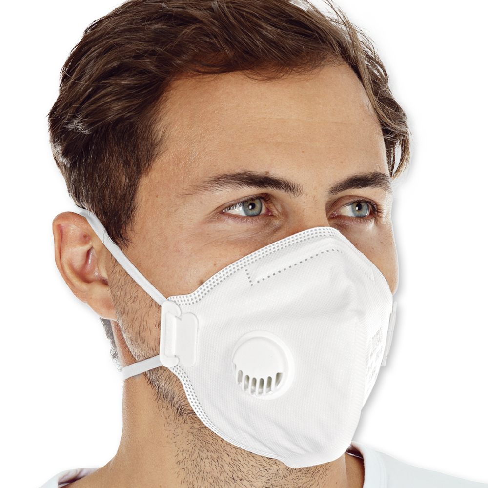 Respirators FFP3 NR with valve, vertically foldable made of PP in the oblique view