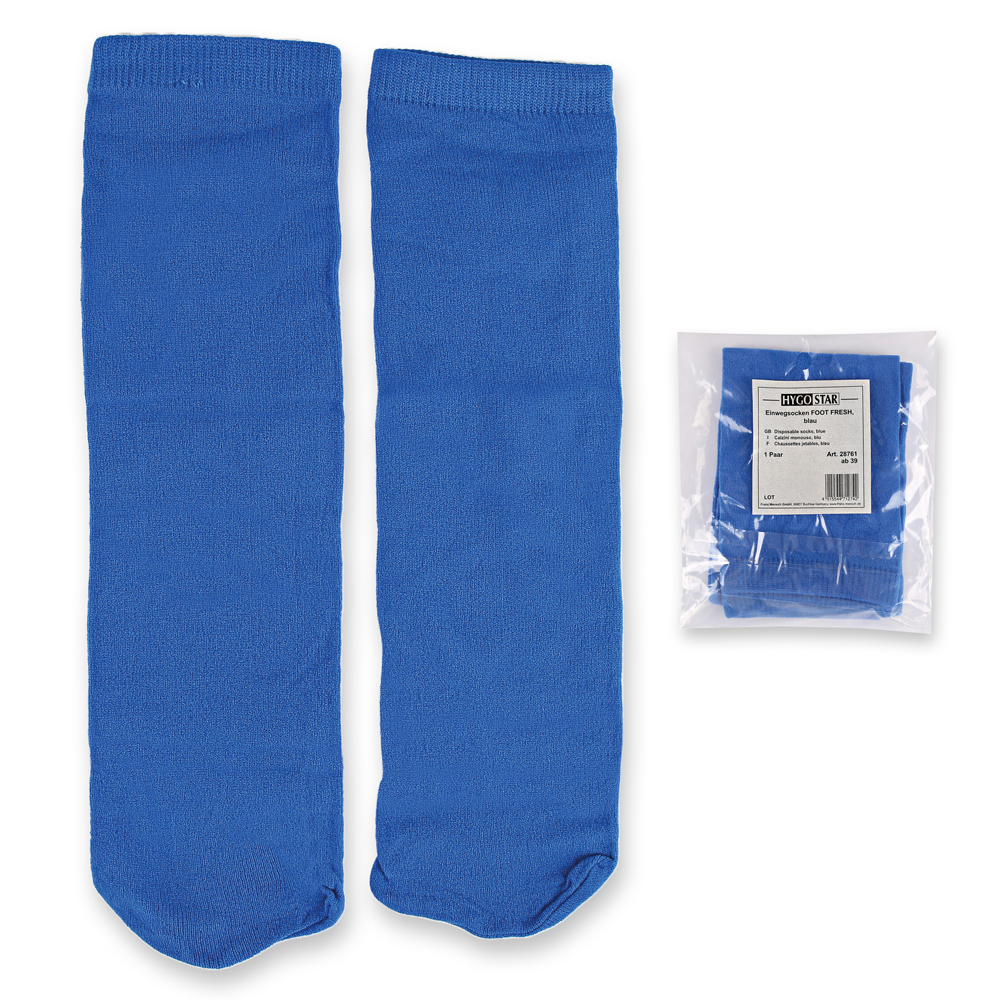 Einwegsocken Foot Fresh aus Polyamid in blau mit Verpackung