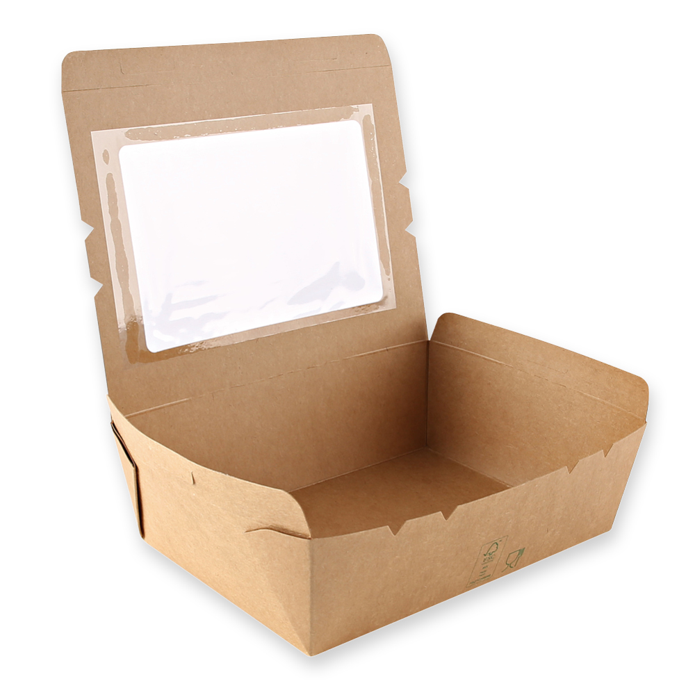 Foodboxen Menu mit Sichtfenster aus Kraftpapier/PE, FSC®-Mix, mit Deckel hochgeklappt