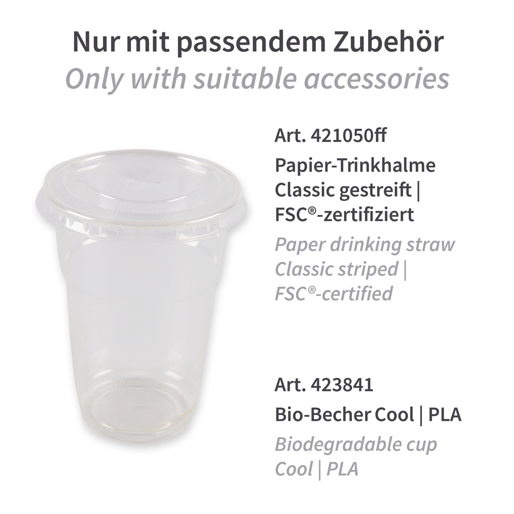 Flat lids for cold beverages cups with straw slot made of PLA, art 423867 with suitable accessories