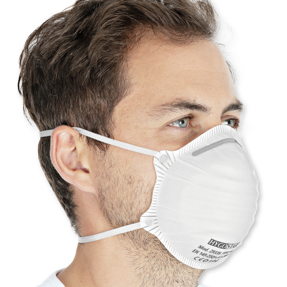 Atemschutzmasken FFP2 NR, vorgeformt aus PP in der Schrägansicht