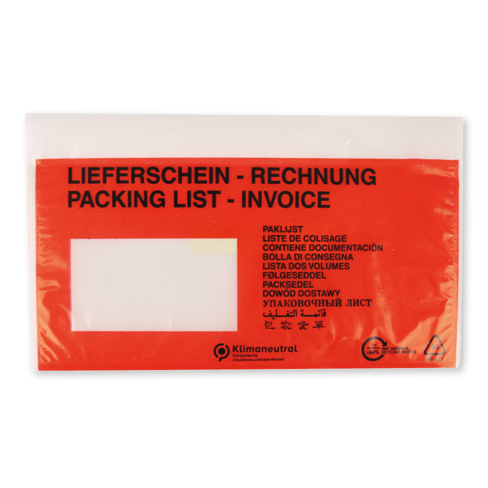 Lieferscheintaschen DIN lang, selbstklebend aus LDPE von der Vorderseite