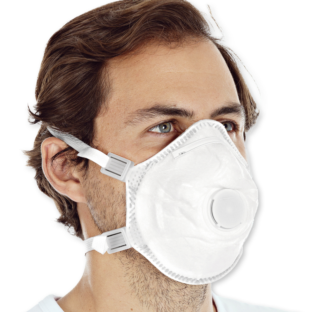 Atemschutzmasken FFP3 NR D mit Ventil, vorgeformt aus PP in der schrägen Ansicht