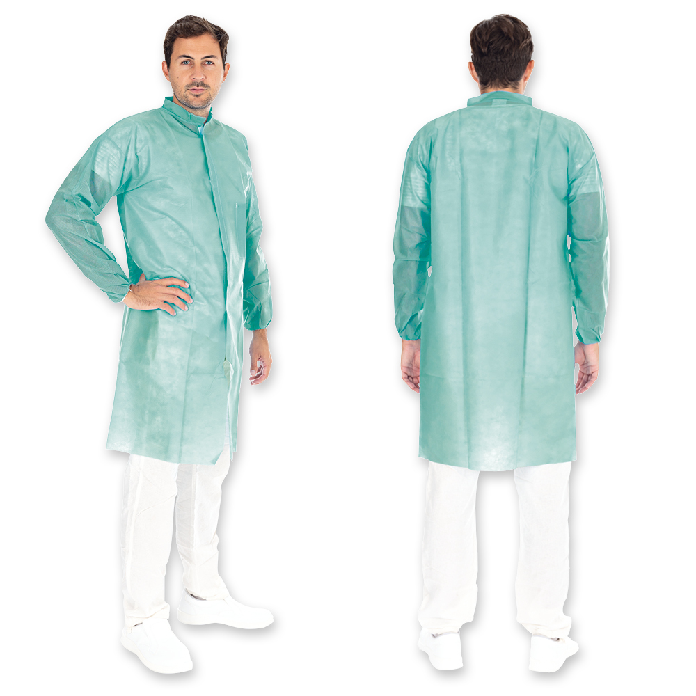 Visitor gowns with velcro made of PP in green in the oblique and back view