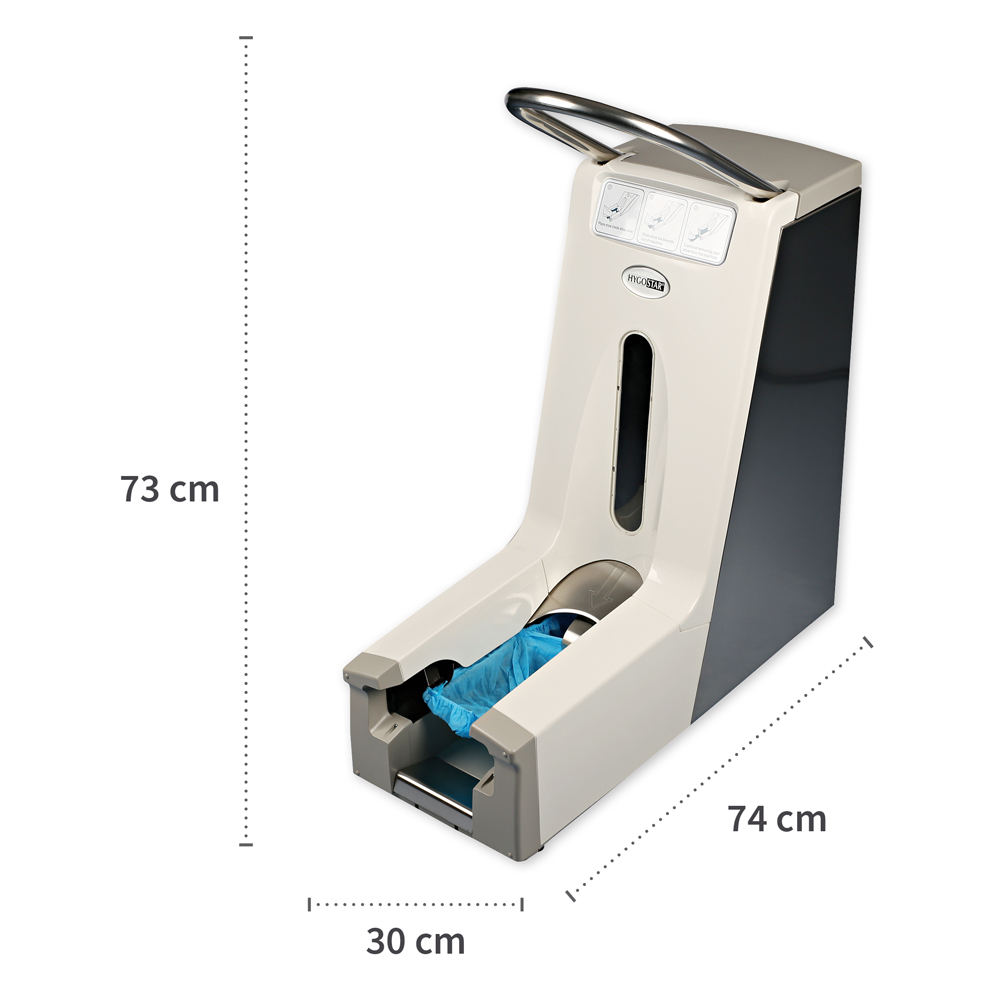 Hygomat Cleanroom" overshoe dispenser with measure