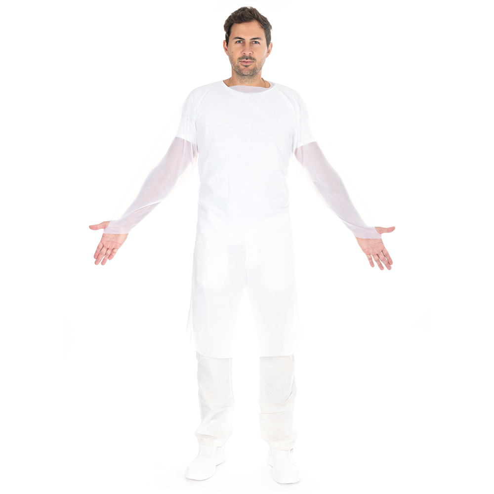 Examination gowns made of CPE in white with thumb hole