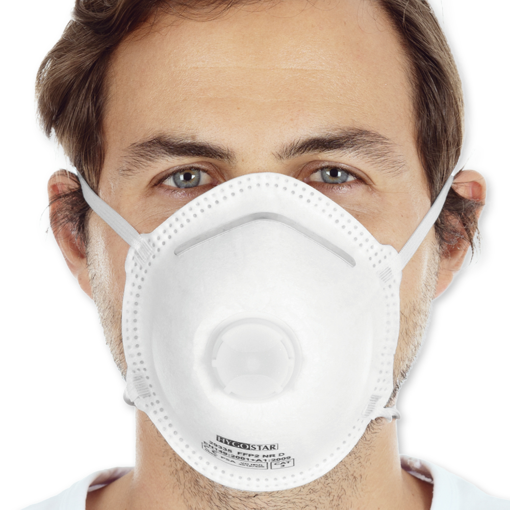 Atemschutzmasken FFP2 NR D mit Ventil, vorgeformt aus PP in der Frontansicht