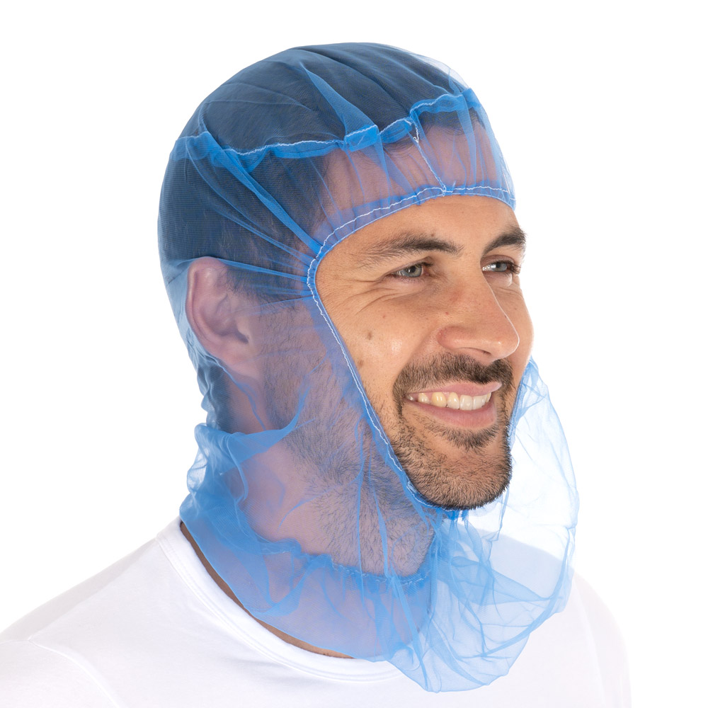 Astrohauben Micromesh aus Nylon in blau in der Schrägansicht unter dem Kinn
