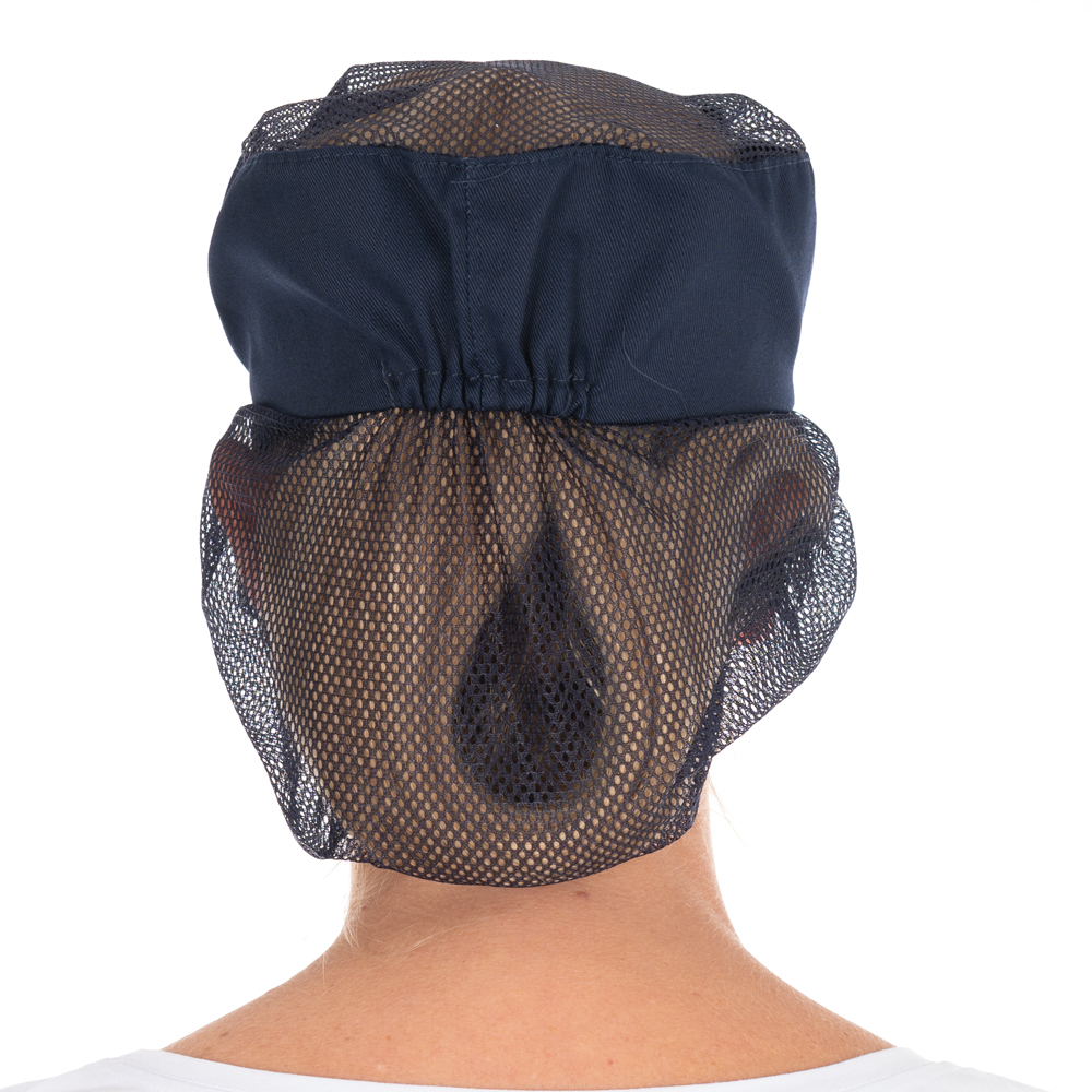 Peaked snood caps made of Polycotton in dark blue in the back view