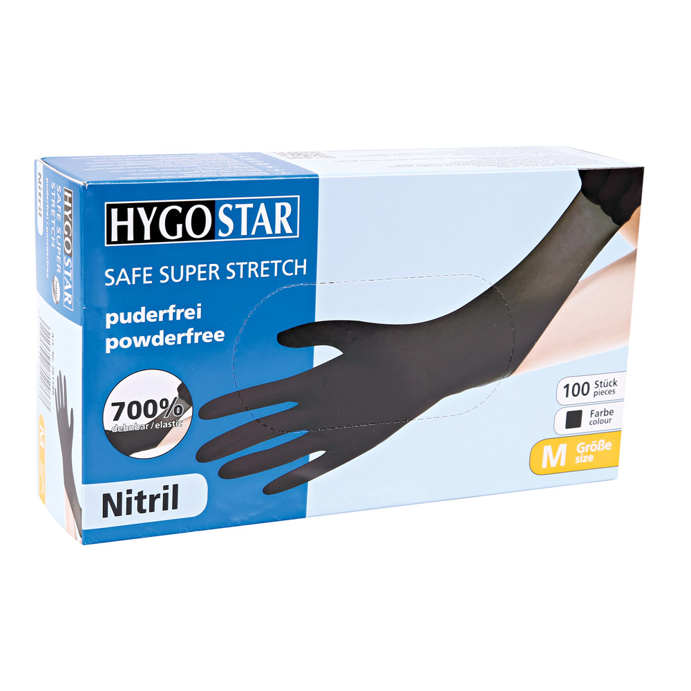 Nitrile gloves Safe Super Stretch powder-free in black in the dispenser box