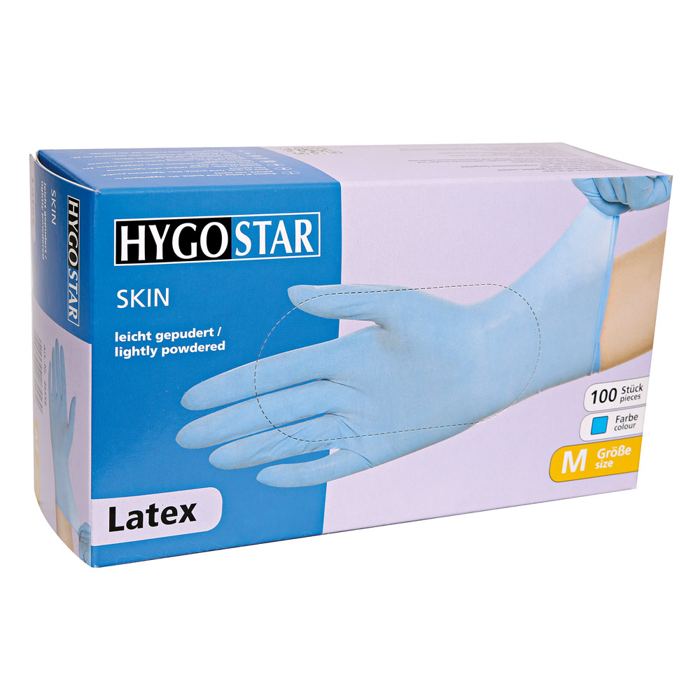 Latex gloves Skin powdered in blue in the dispenser box