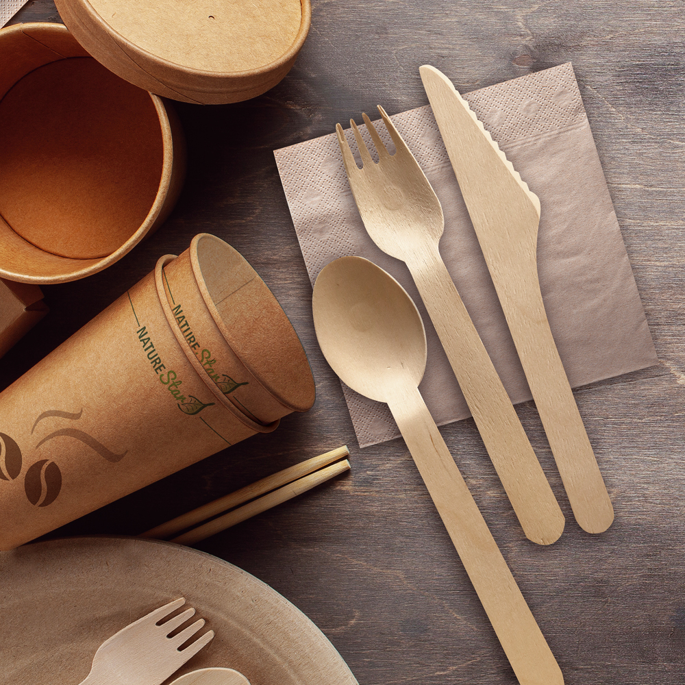 Biodegradable cutlery set "Triple" made of birch wood, FSC®-certified, assortment