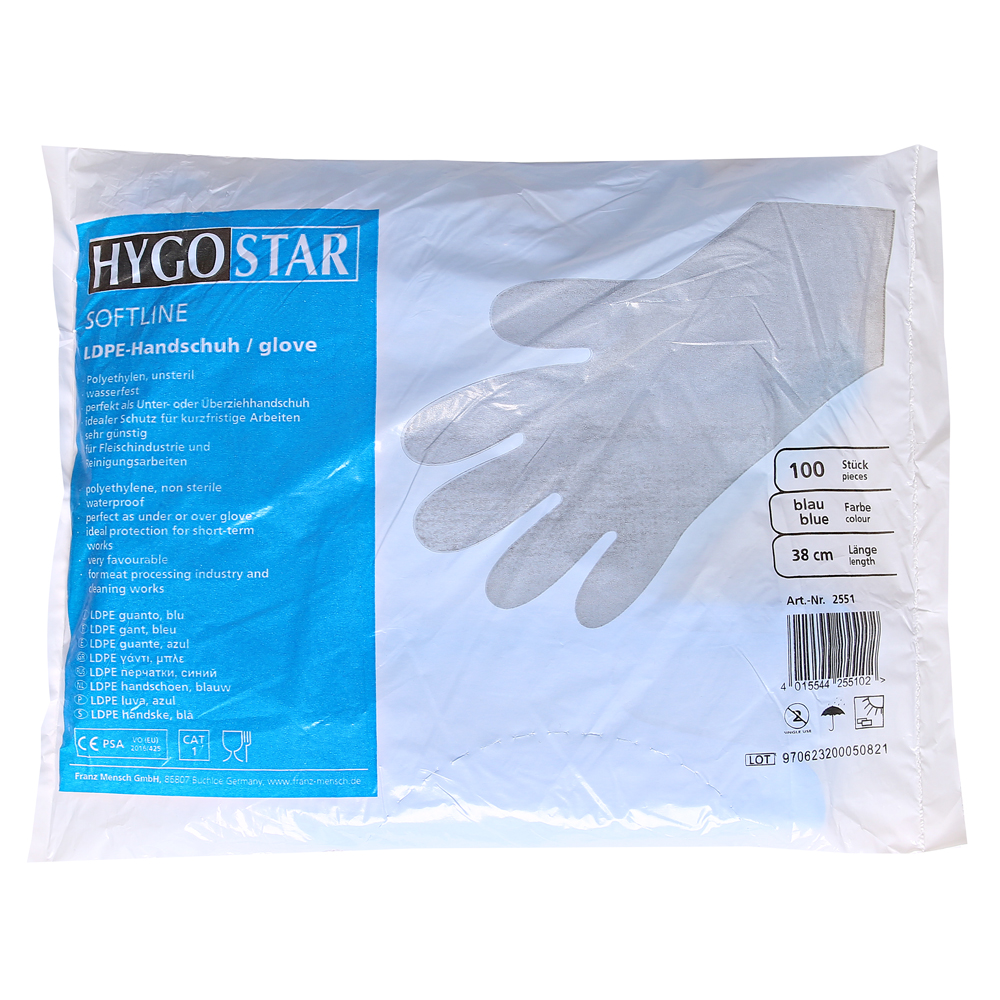 LDPE gloves Softline in blue in the packaging