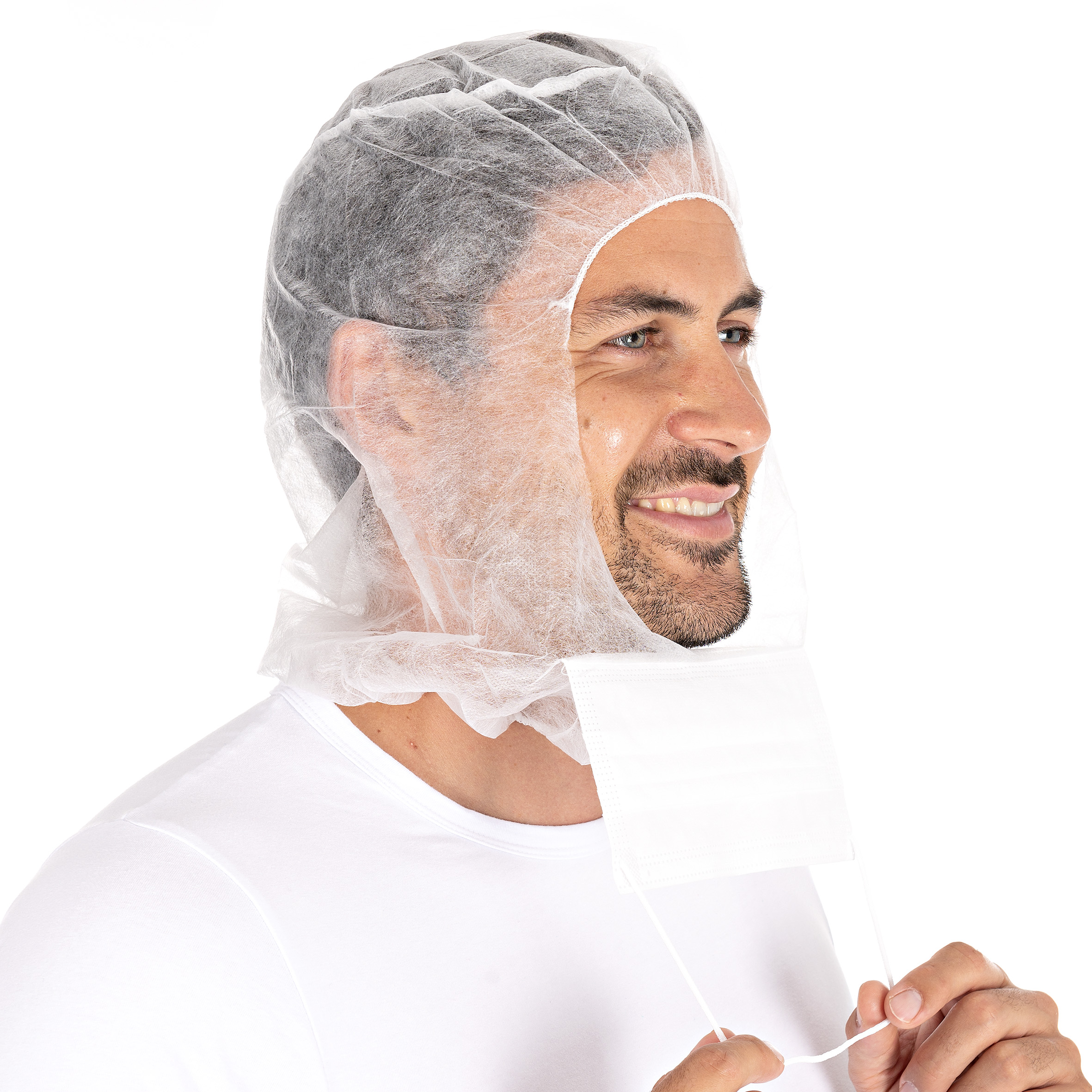 Astrohauben mit 3-lagigem Mundschutz aus PP in weiß in der Schrägansicht ohne Maske