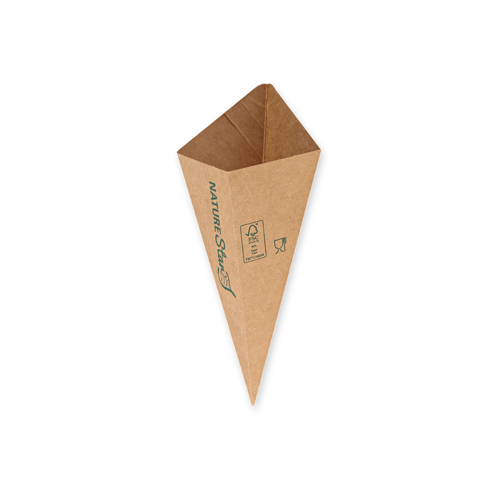 Organic conical bags for fries made of kraft paper/PE, FSC®-mix in the front view