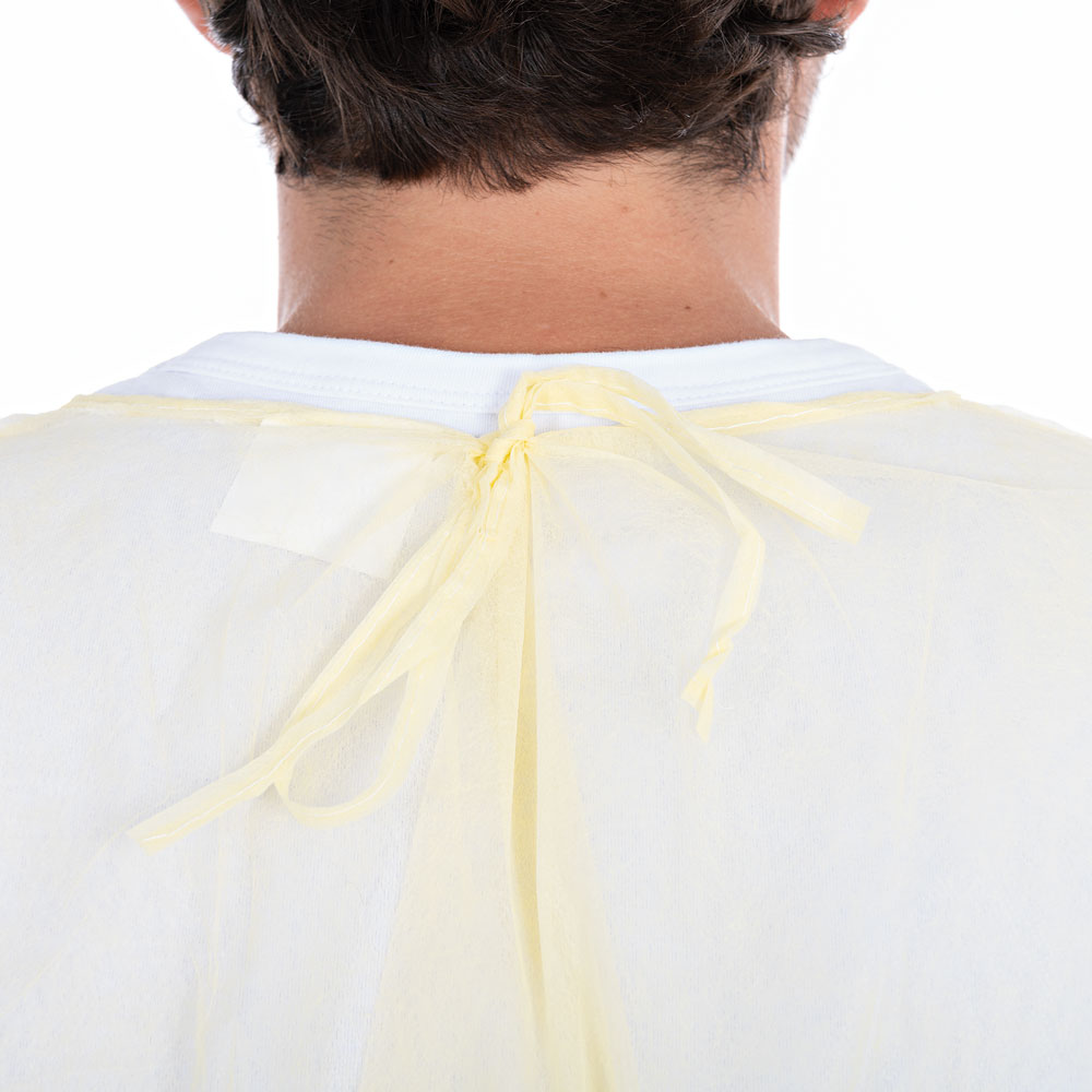 Kittel mit Nackenbindeband aus PP, PE teil-laminiert in gelb mit Bindeband