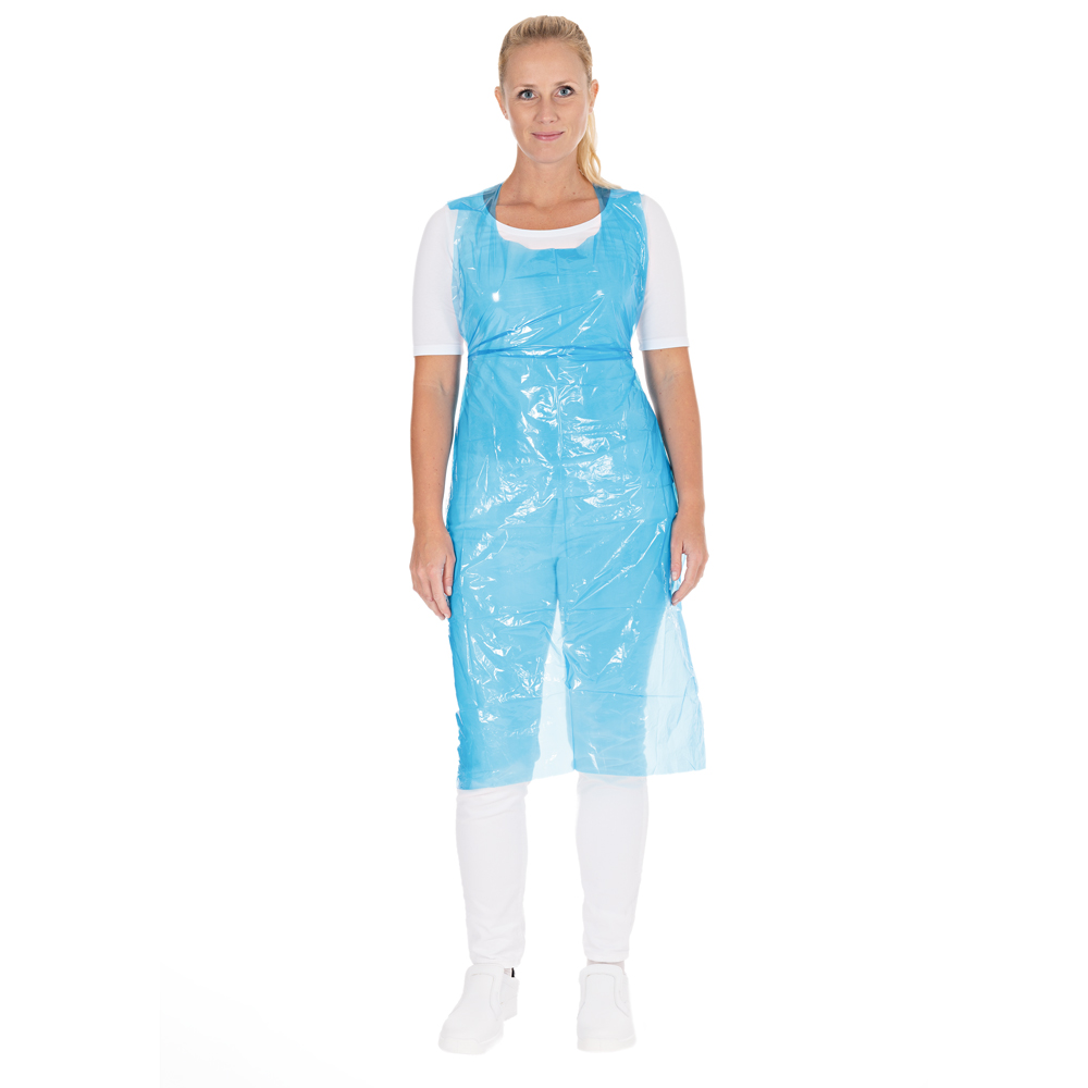 Disposable aprons on roll, 16my made of LDPE in blue in front view 