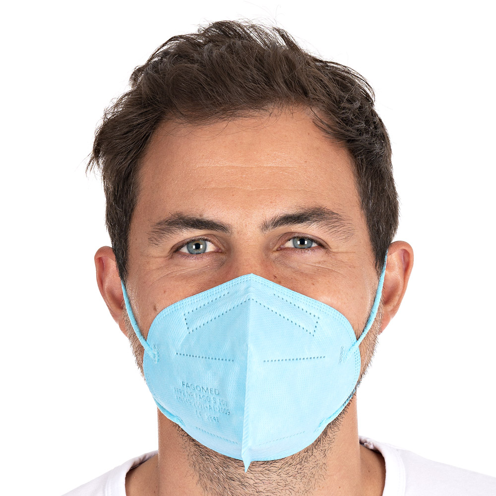 Atemschutzmasken FFP2 NR, vertikal faltbar, Ohrschlaufen aus PP als Kleinpackung in blau in der Frontansicht