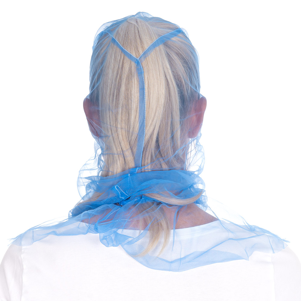 Astrohauben Micromesh mit Cape | Nylon, blau, Rückansicht Astrohauben Micromesh mit Cape aus Nylon in blau in der Rückansicht