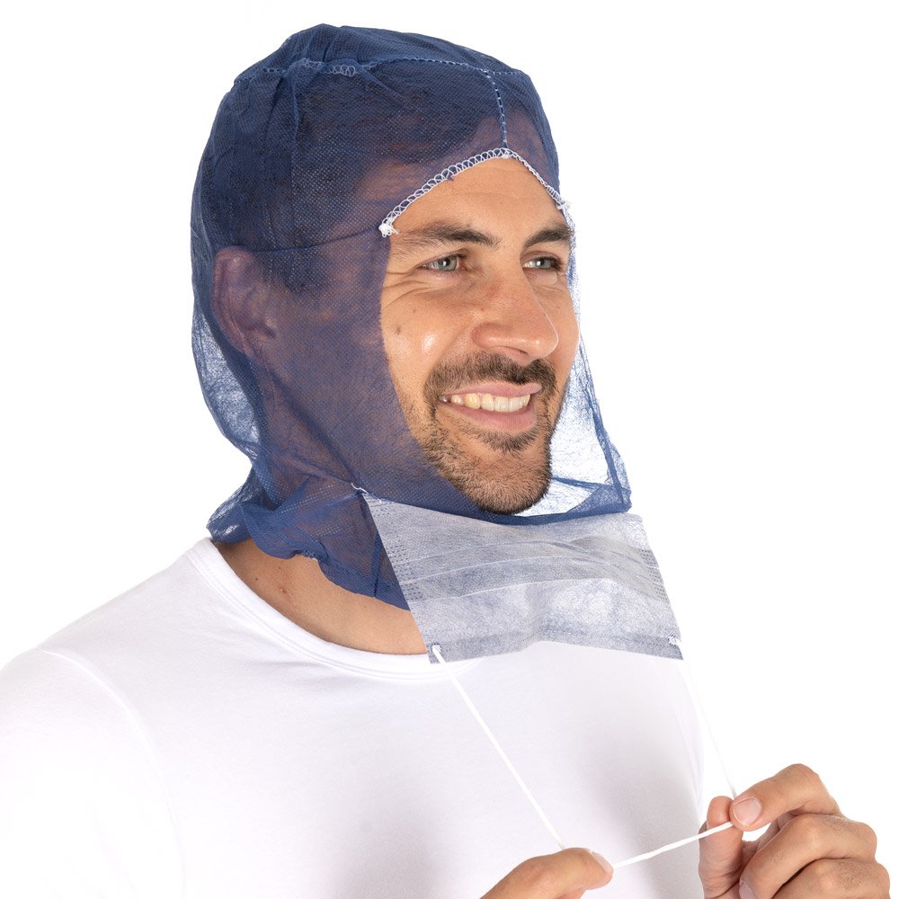 Astrohauben Eco mit 2-lagigem Mundschutz aus PP in dunkelblau in der Seitansicht mit der Maske unten