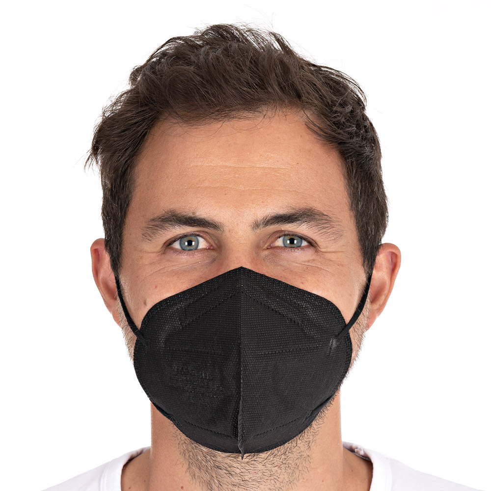 Atemschutzmasken FFP2 NR, vertikal faltbar, Ohrschlaufen aus PP als Kleinpackung in schwarz in der Frontansicht