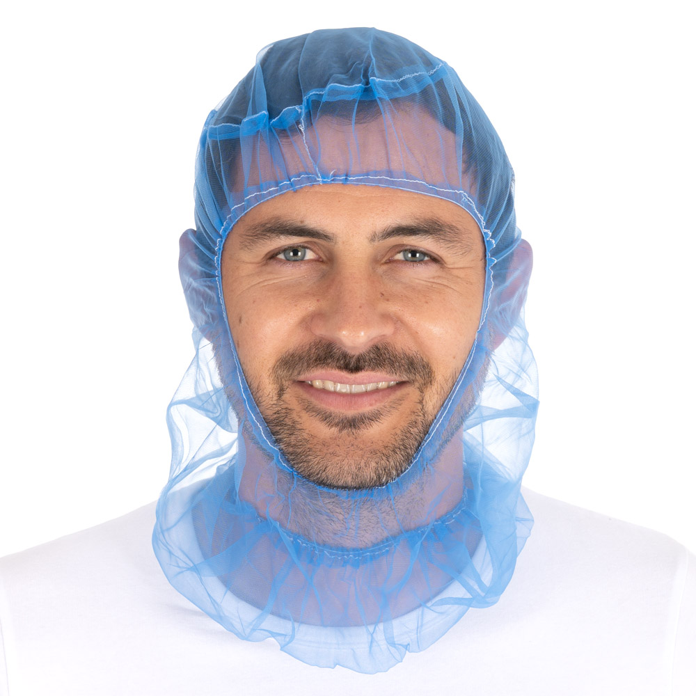 Astrohauben Micromesh | Nylon, blau, Frontansicht, unter Kinn Astrohauben Micromesh aus Nylon in blau in der Frontansicht unter dem Kinn