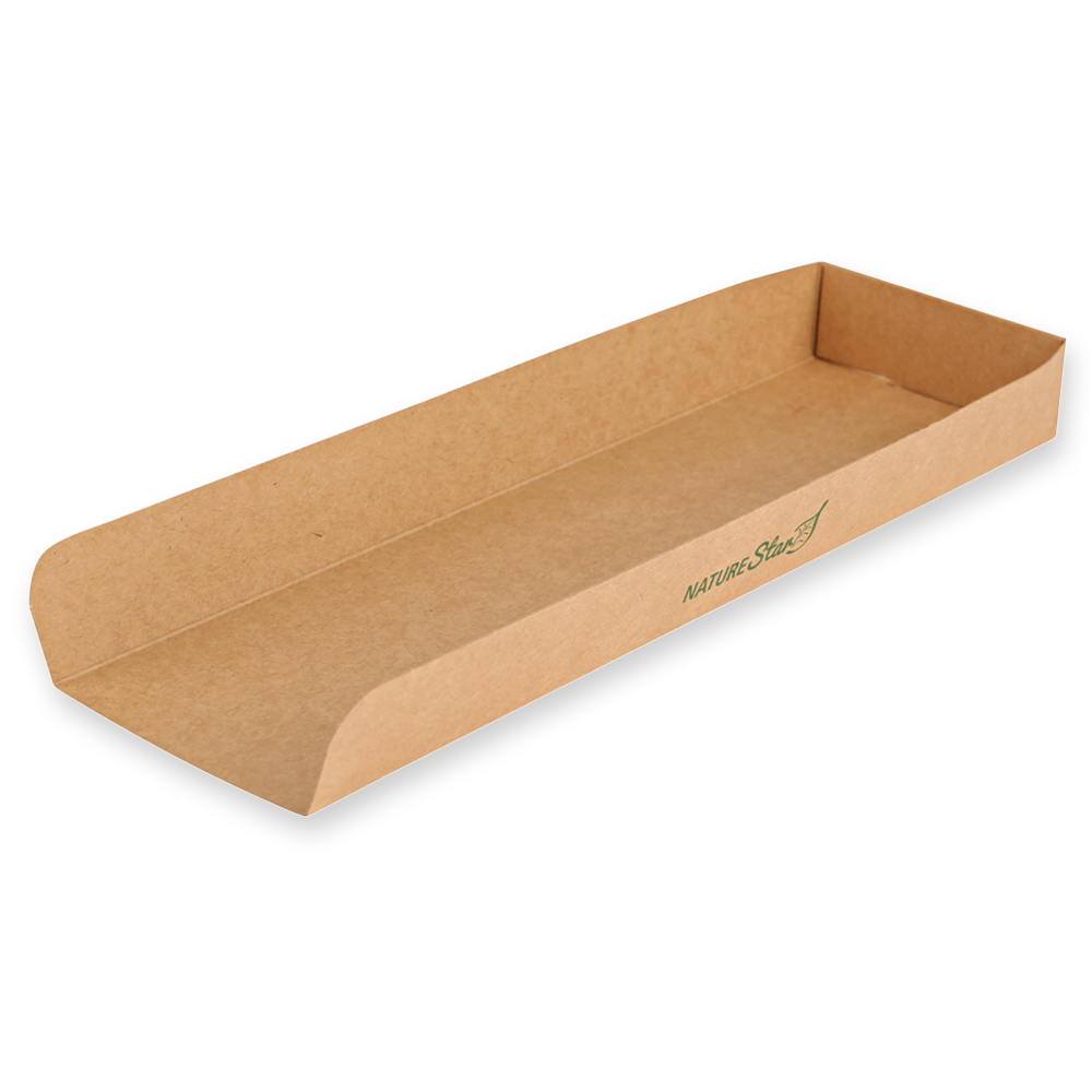 Organic hot dog trays made of kraft paper/PE, FSC®-Mix with 28cm in the oblique view