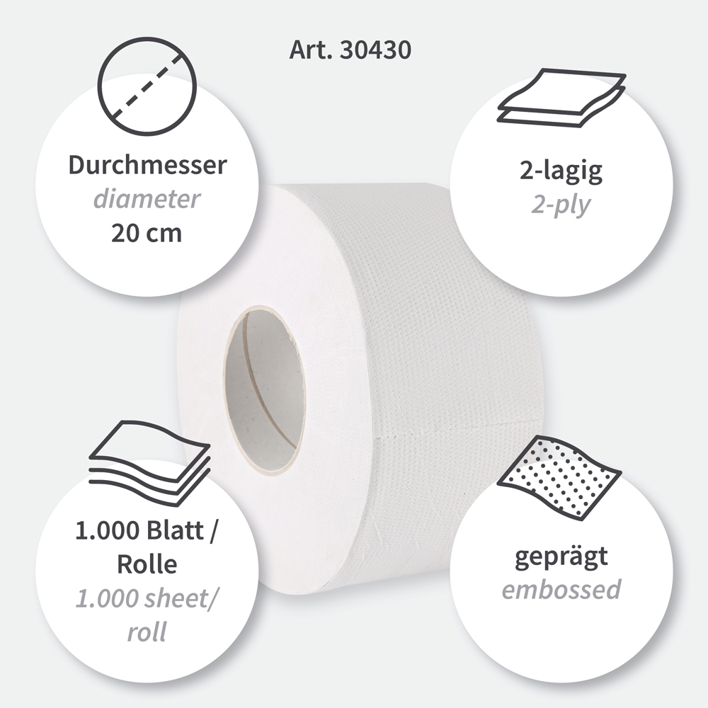 Toilettenpapier, Jumbo, 2-lagig aus Recyclingpapier, Besonderheiten