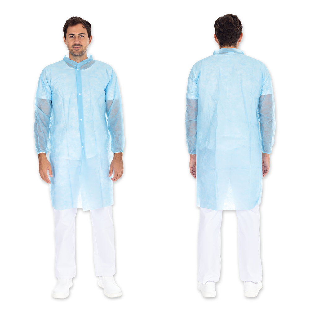 Visitor gowns Light with push buttons made of PP, front and back view, blue
