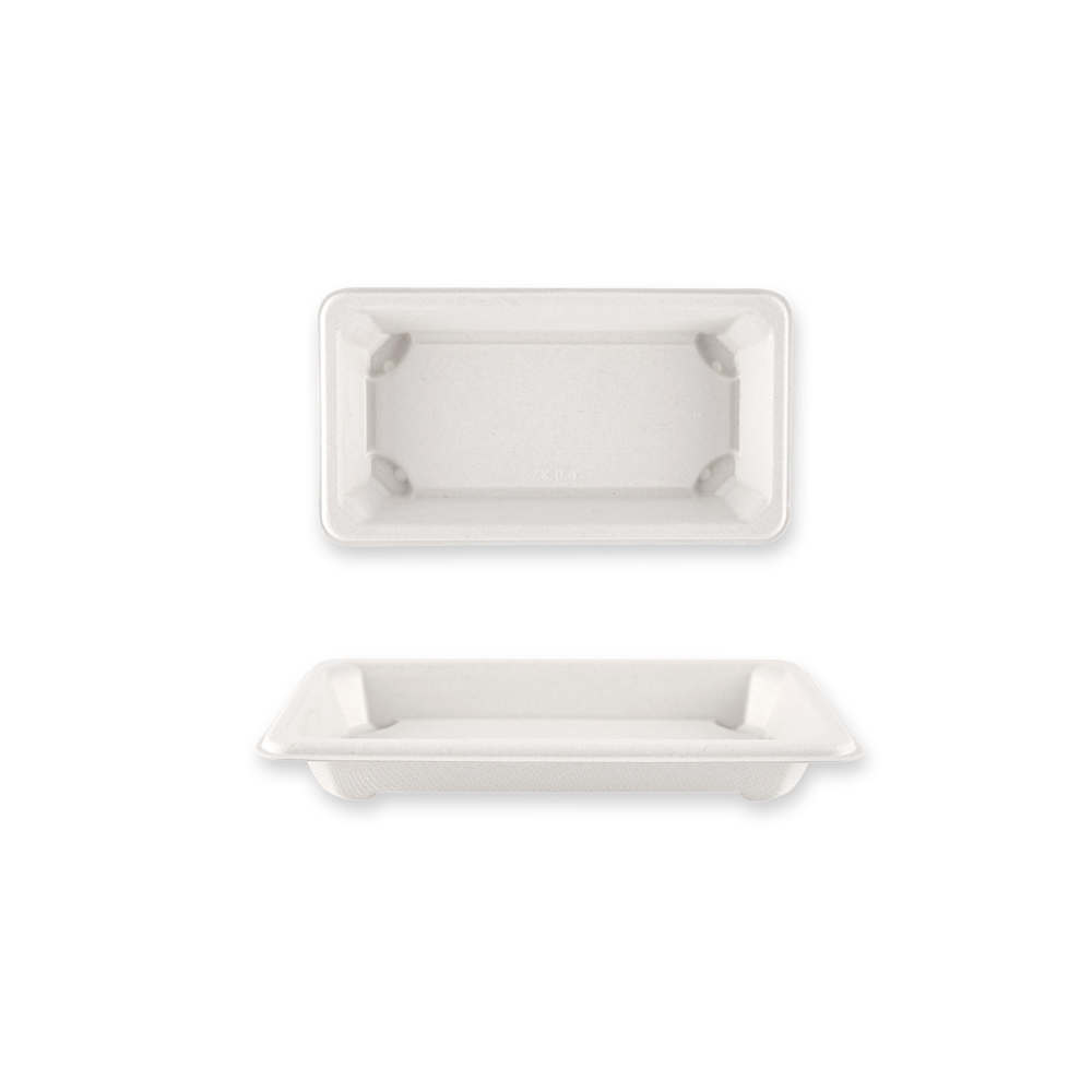 Organic sushi trays made of bagasse, top and side view