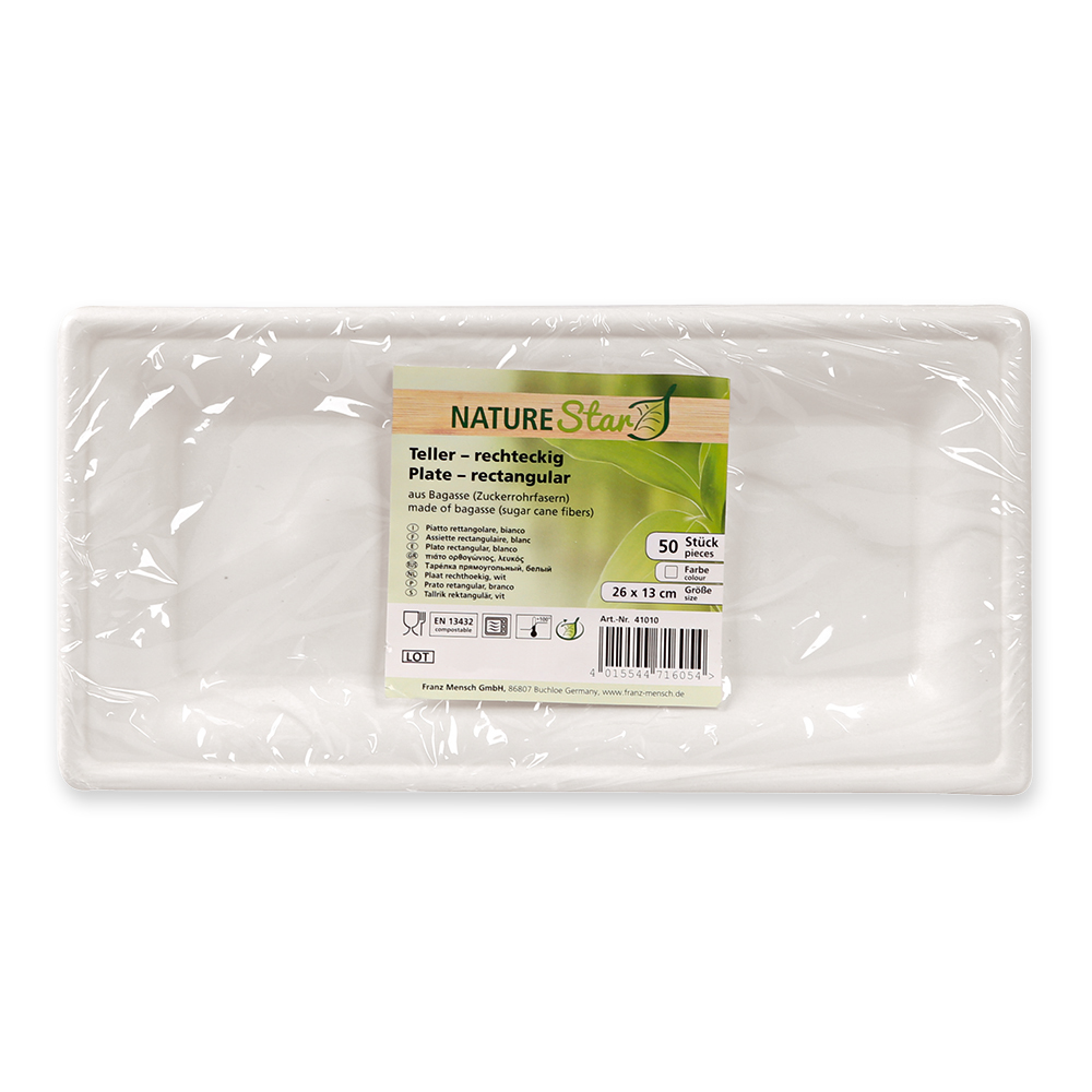 Biodegradable plate rectangular made of sugarcane with packaging