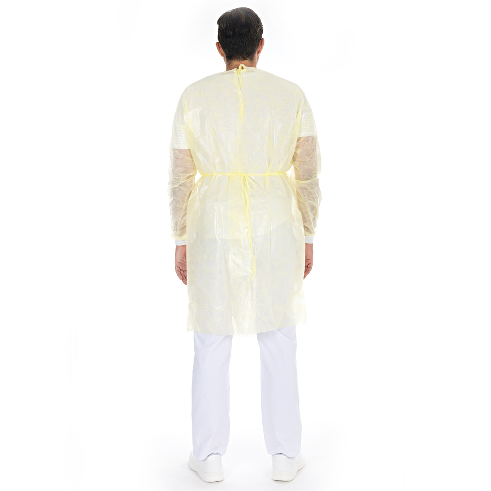 Kittel mit Nackenbindeband aus PP, PE voll-laminiert in gelb 115 cm lang in der Rückansicht
