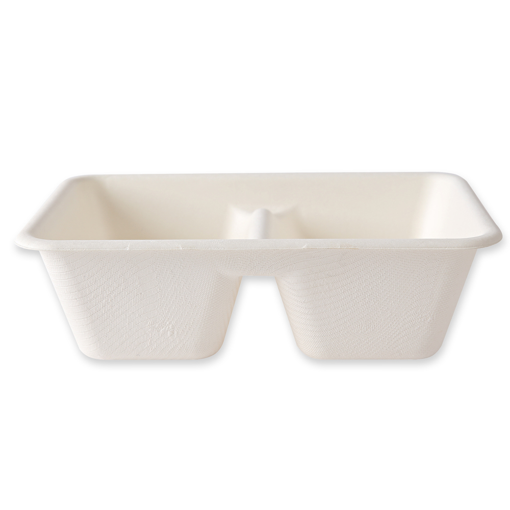 Organic trays, 2 compartments made of bagasse, side view