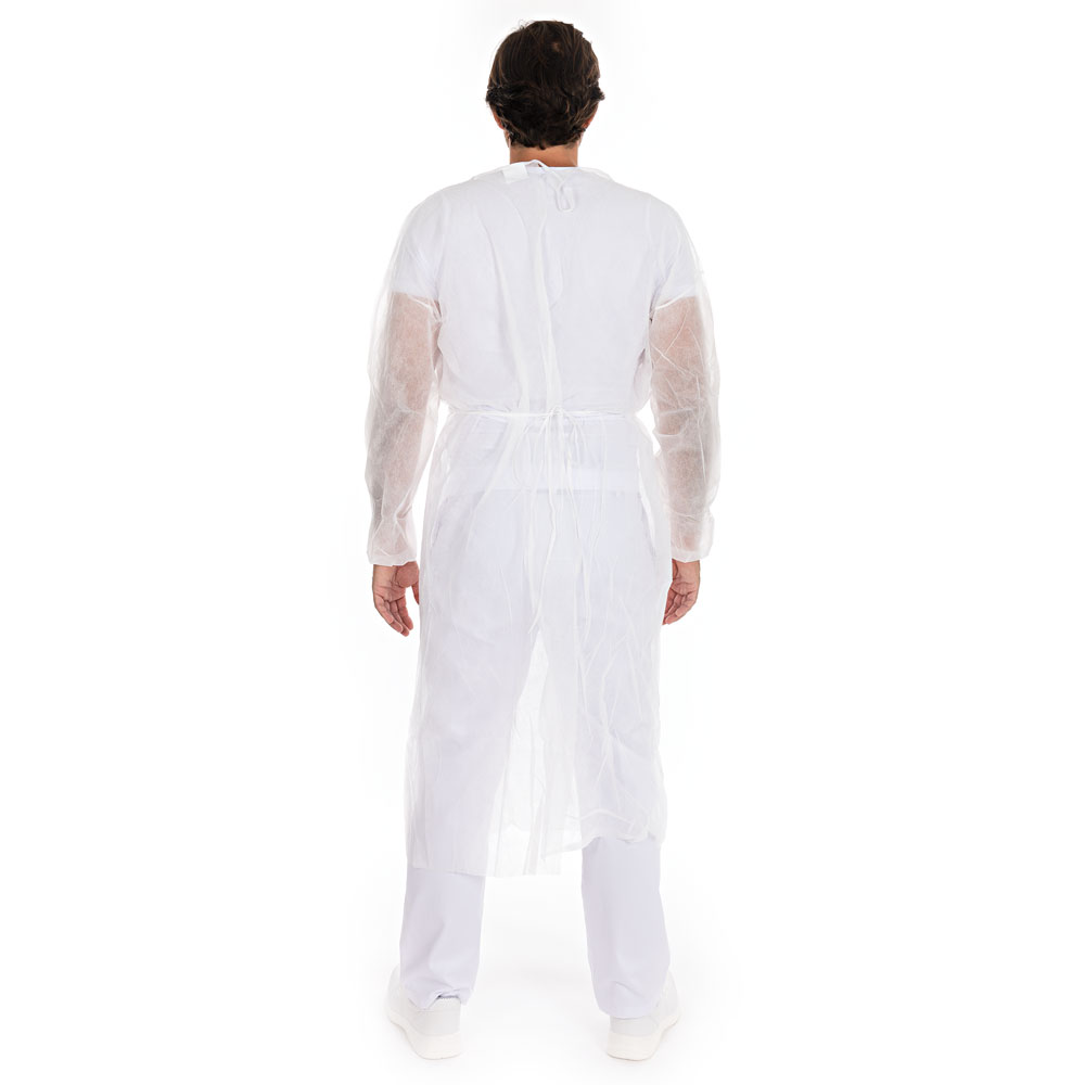 Kittel mit geschlossenem Nackenband aus PP, PE teil-laminiert in weiß in der Rückansicht