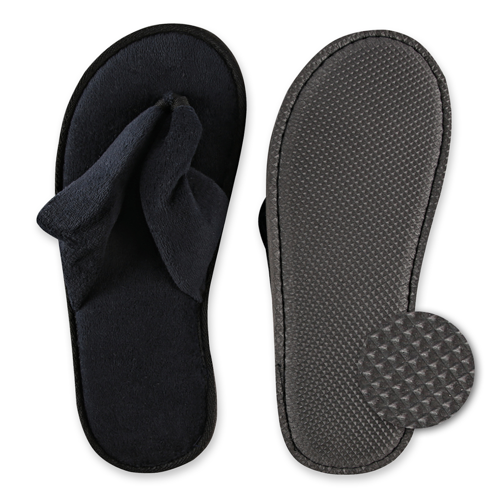 Slipper Black Deluxe, open, made from velour with a bottom view