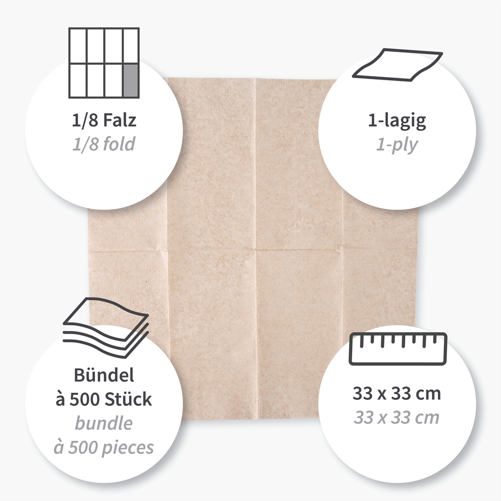 Bio Servietten Nature, 1-lagig | Recyclingpapier, FSC®-Recycled, 1/8-Falz, Eigenschaften Bio Servietten Nature, 1-lagig aus Recyclingpapier, FSC®-Recycled, 1/8-Falz, Eigenschaften