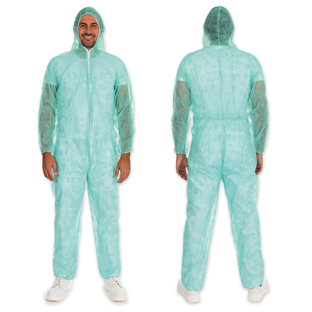 Coveralls Light with hood made of PP, front and back view, green