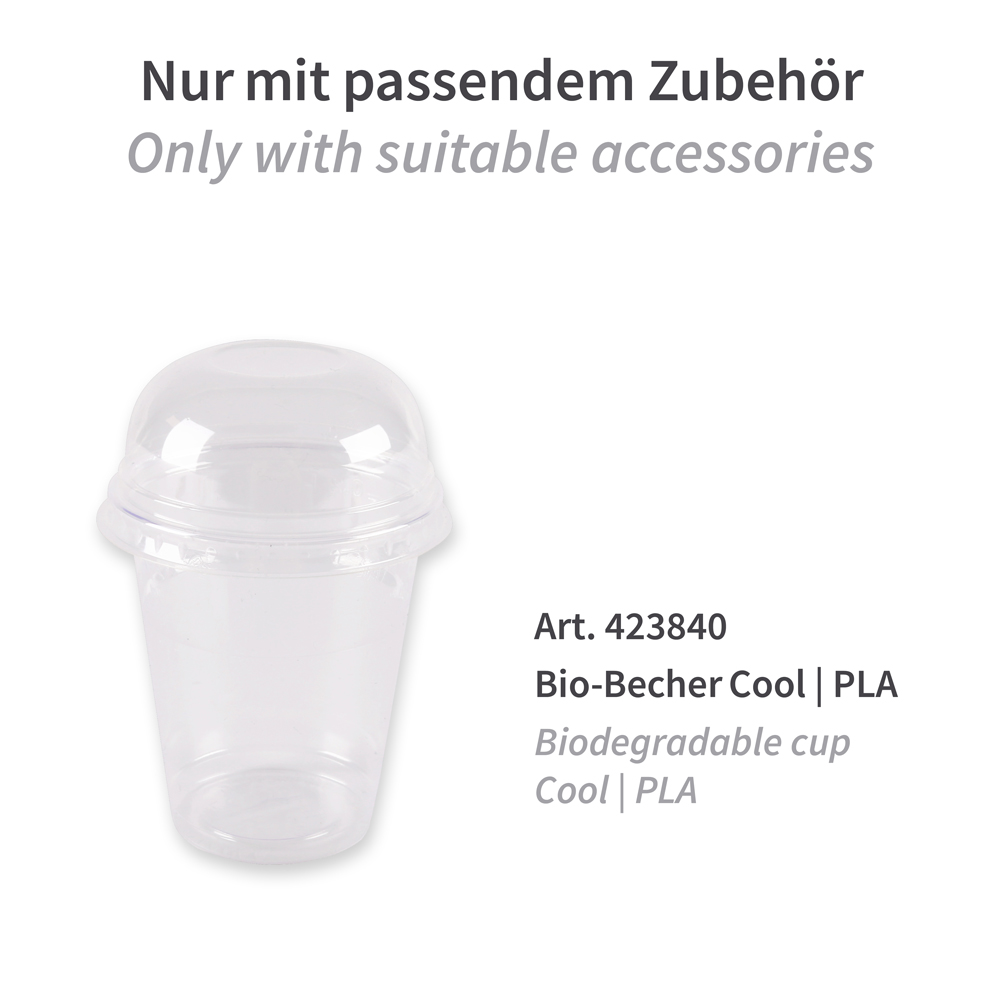 Lids for cold beverages cups made of PLA, art. 423863 with suitable accessories