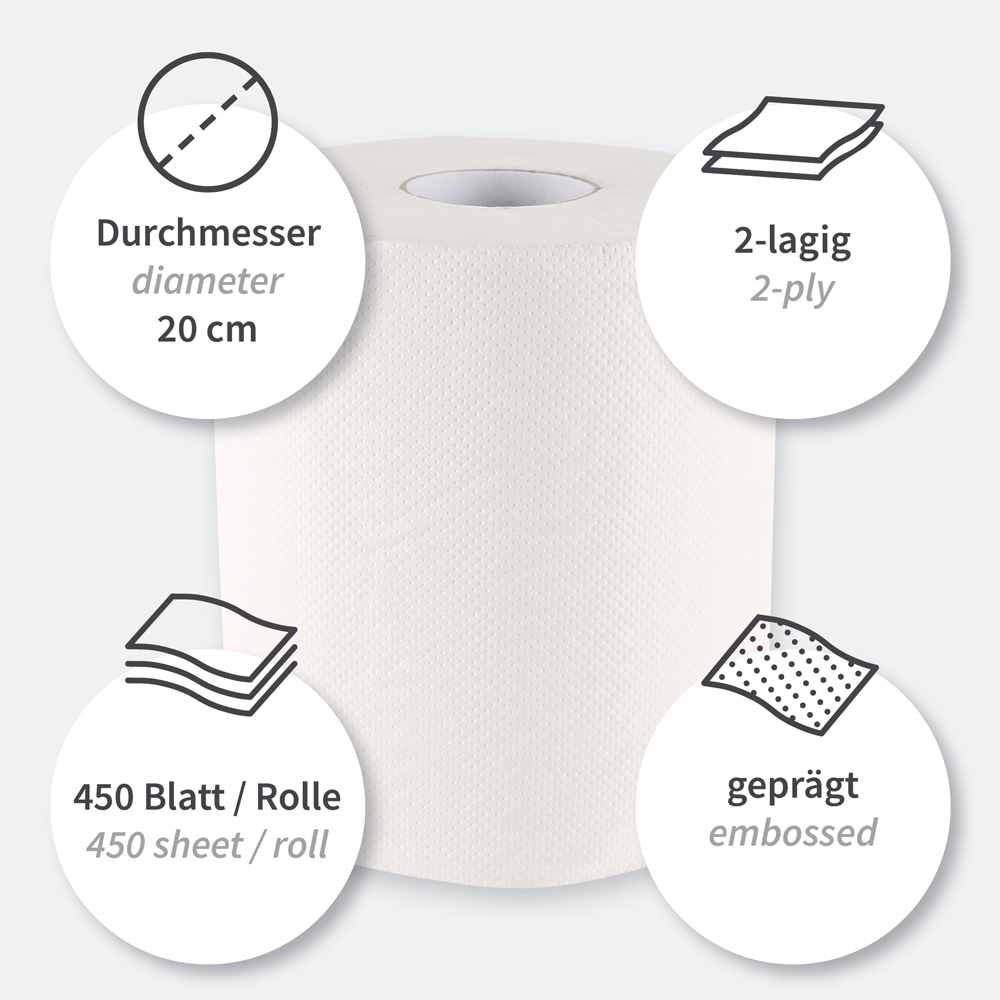 Paper towel rolls, 2-ply made of cellulose, centerfeed, features