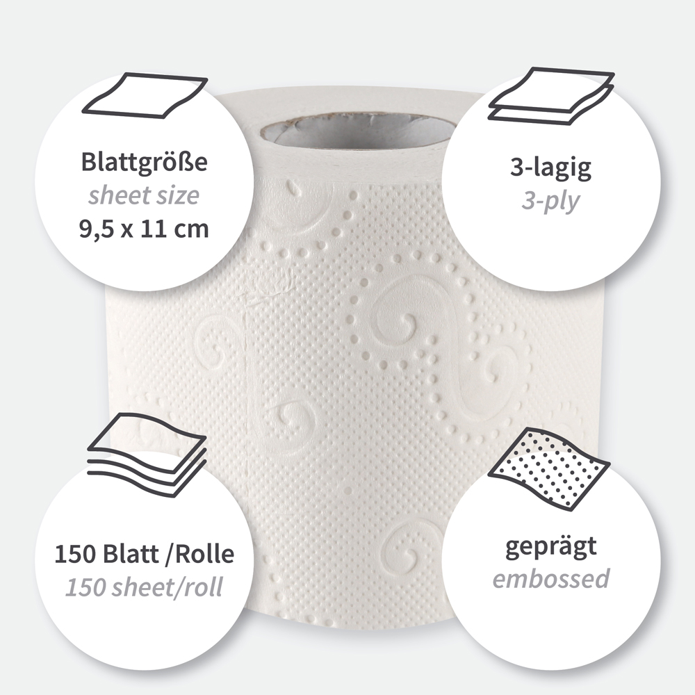 Toilettenpapier, Kleinrolle, 3-lagig aus Zellulose, Besonderheiten