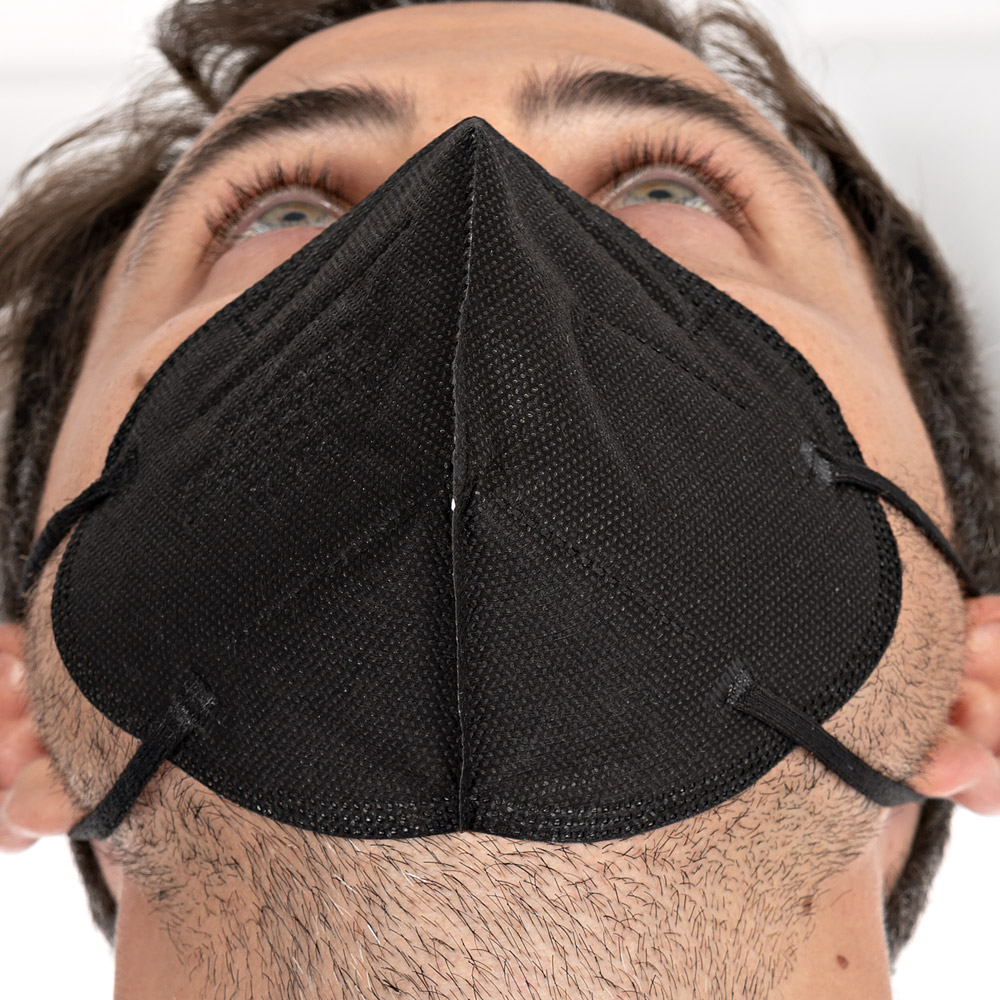 Atemschutzmasken FFP2 NR, vertikal faltbar, Ohrschlaufen aus PP als Kleinpackung in schwarz in der Unteransicht