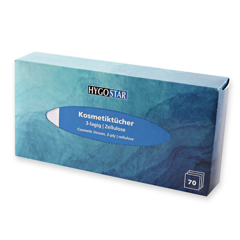 Kosmetiktücher, 3-lagig | Zellulose, Schrägansicht Kosmetiktücher, 3-lagig aus Zellulose in der Schrägansicht