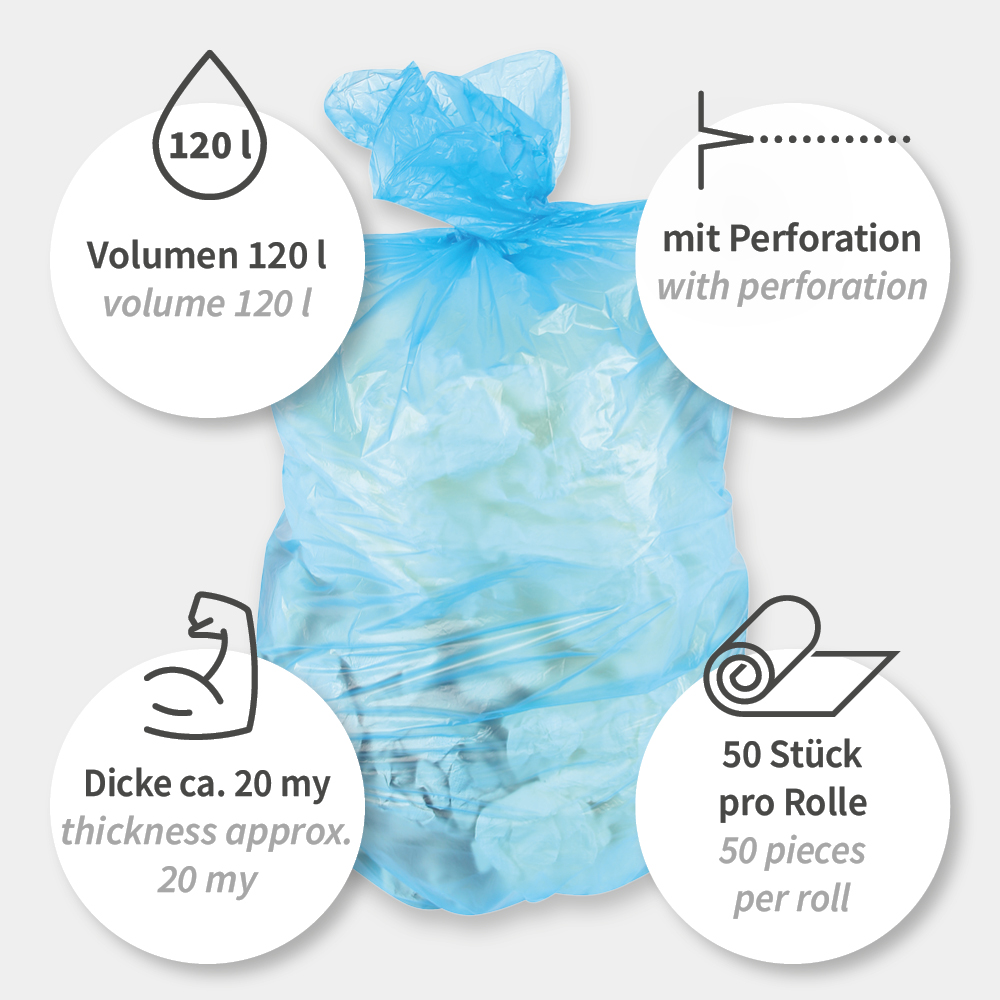Müllsäcke Premium, 120 l | HDPE, Rolle, blau, Eigenschaften Müllsäcke Premium 120 l als HDPE Rolle in blau mit den Eigenschaften