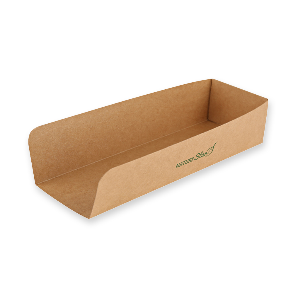 Organic hot dog trays made of kraft paper/PE, FSC®-Mix with 23cm in the oblique view