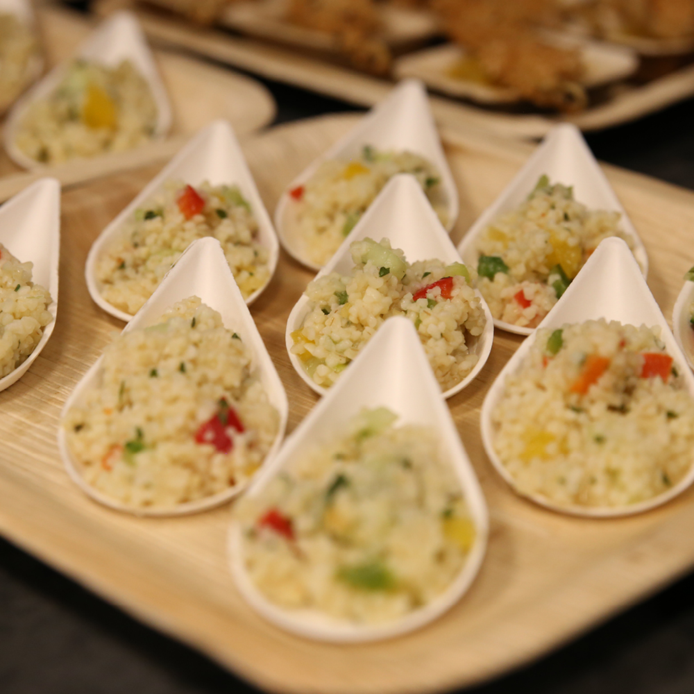 Organic fingerfood trays Drop made of bagasse in example of use