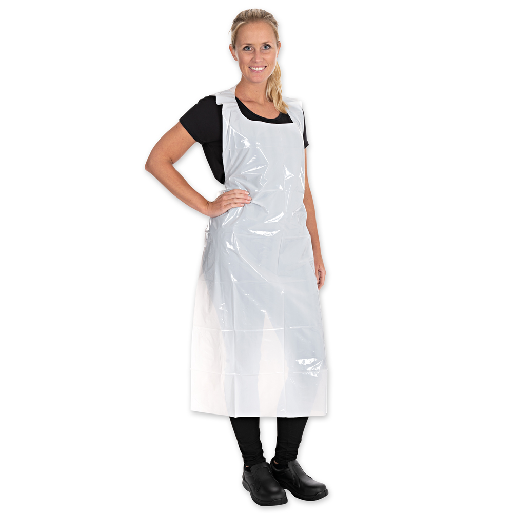 Disposable aprons on roll, 35my made of LDPE in the front view in white