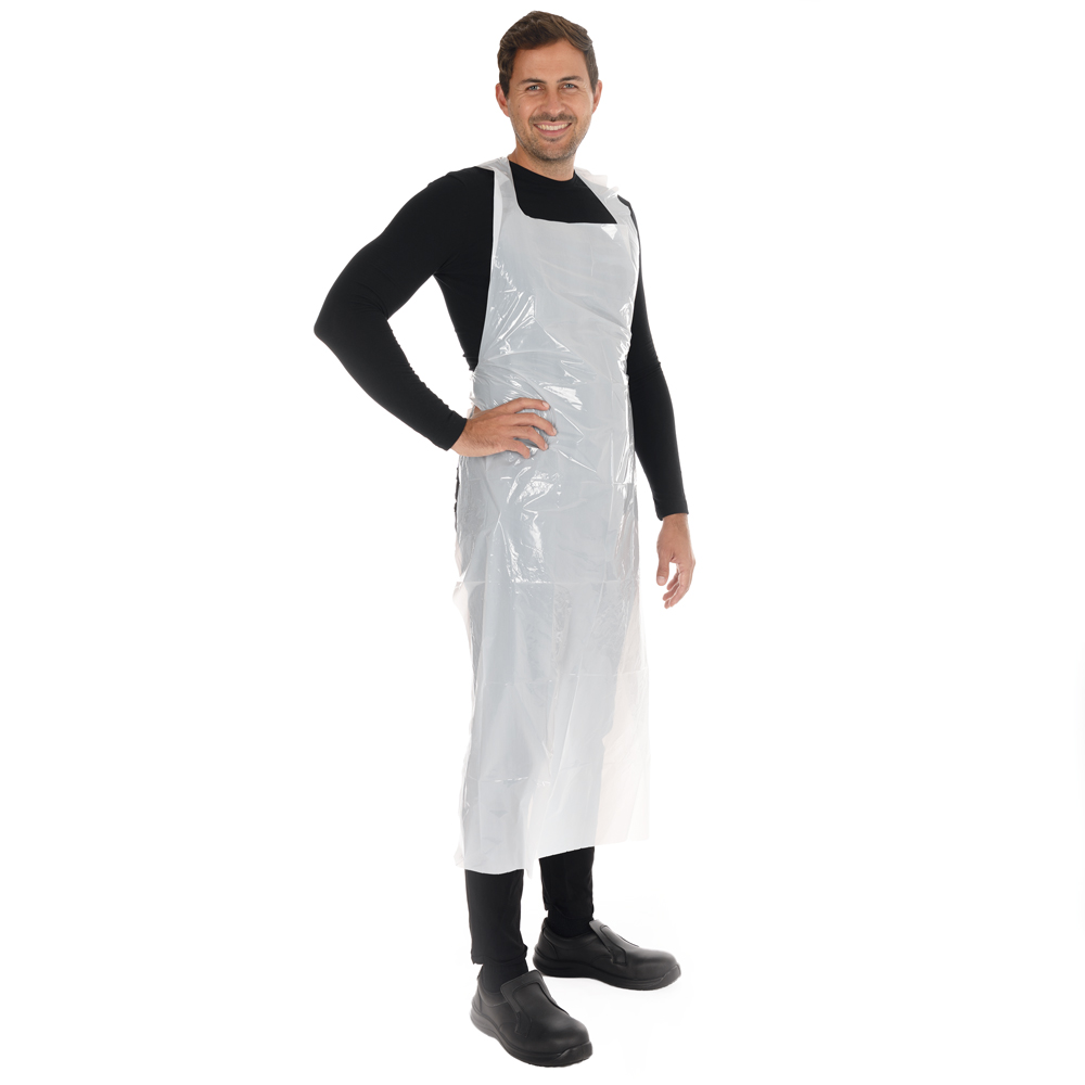 Disposable aprons blocked approx. 25 my made of LDPE in white in the side view