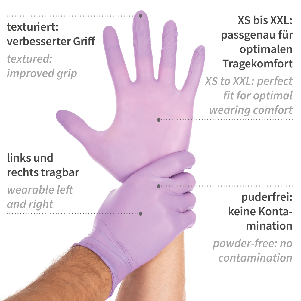 Nitrile gloves Safe Light powder-free in purple with explanation