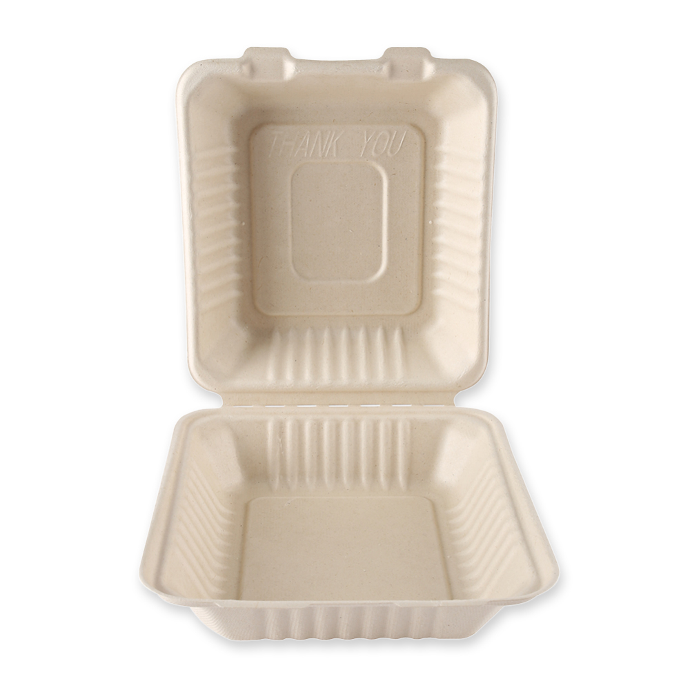 Organic menu boxes with hinged lid made of bagasse, in the front view