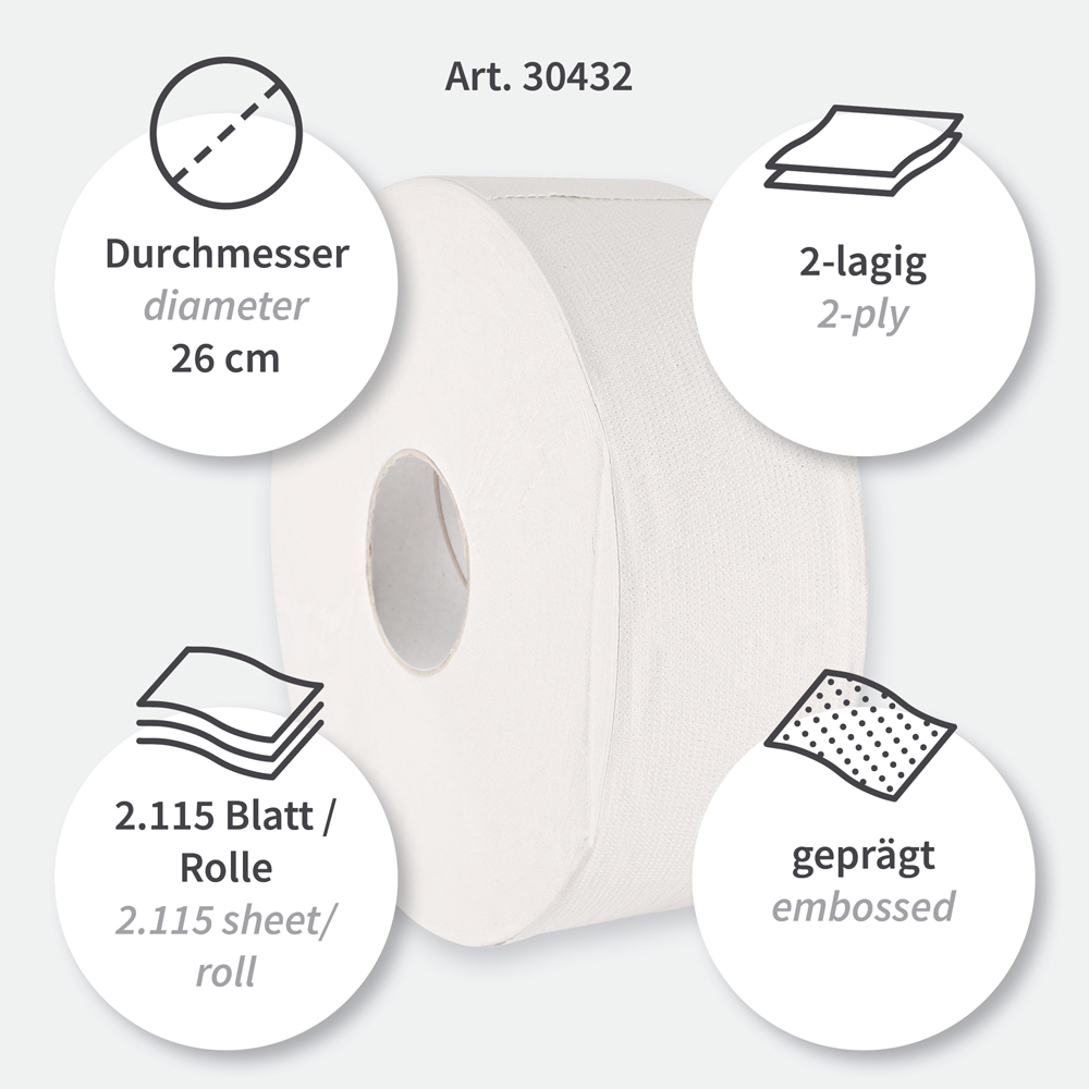 Toilet paper, Jumbo, 2-ply made of recycled paper, features